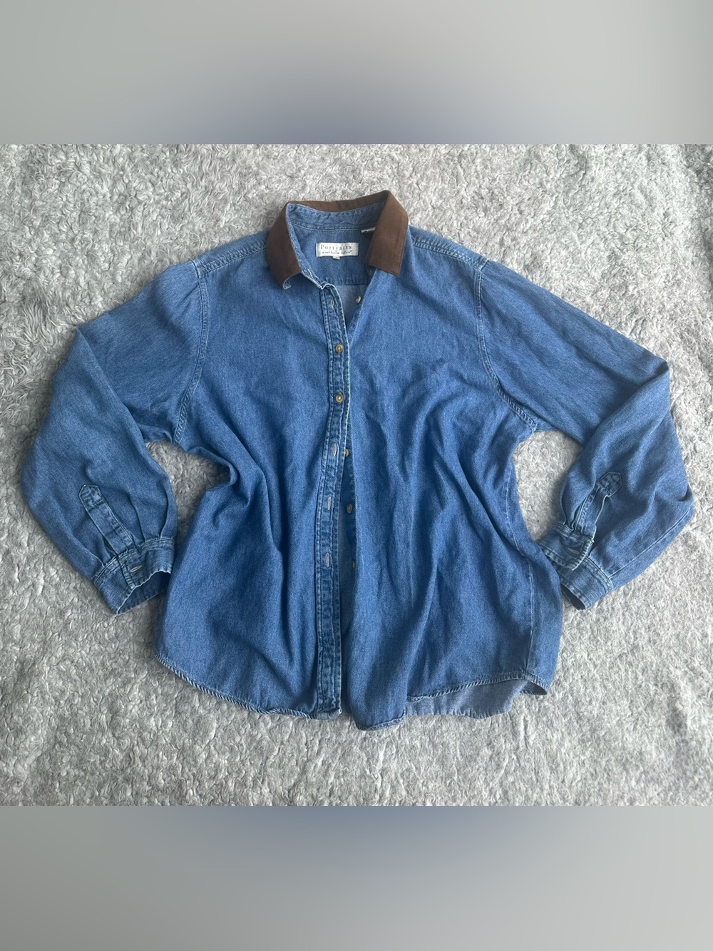 Blue Denim Button-Up Shirt with Suede Brown Collar